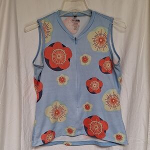 Women's REI Sleevless Cycling Top- Retro Floral Pattern on LT Blue Size Med